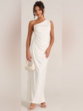 Blashe Los Angeles NWT White One Shoulder Ruched Maxi Dress Size Large